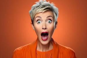 AI generated Surprised gray-haired Caucasian woman on orange background. Neural network generated photorealistic image. photo