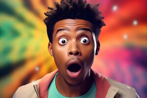 AI generated Surprised and scared young adult African American man on colorful background. Neural network generated photorealistic image. photo