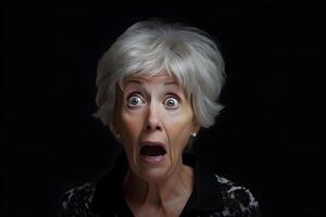 AI generated Surprised gray-haired Caucasian woman on black background. Neural network generated photorealistic image. photo