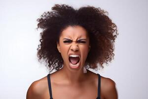 AI generated Angry young adult African American woman yelling, head and shoulders portrait on white background. Neural network generated photorealistic image. photo