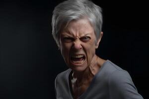 AI generated Angry senior Caucasian woman yelling, head and shoulders portrait on black background. Neural network generated photorealistic image. photo