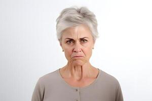 AI generated Angry and disgusted senior Caucasian woman, head and shoulders portrait on white background. Neural network generated photorealistic image photo