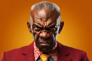 AI generated angry African American man in red formal suit, head and shoulders portrait on orange background. Neural network generated image photo