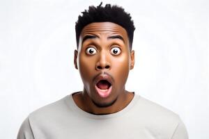 AI generated surprised African American man, head and shoulders portrait on white background. Neural network generated image photo