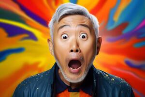 AI generated Surprised Asian gray-haired man on colorful background. Neural network generated photorealistic image. photo