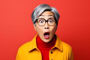 AI generated Surprised Asian woman on red background. Neural network generated photorealistic image. photo