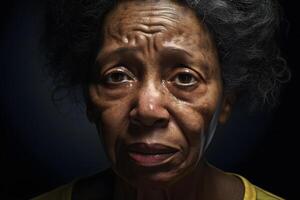 AI generated crying senior African American woman, head and shoulders portrait on black background. Neural network generated image photo