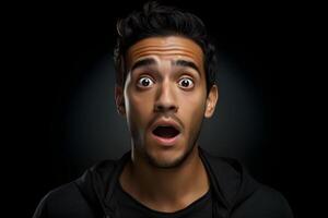 AI generated Surprised young adult Latin American man on black background. Neural network generated photorealistic image. photo