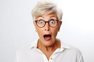 AI generated Surprised gray-haired Caucasian woman on white background. Neural network generated photorealistic image. photo