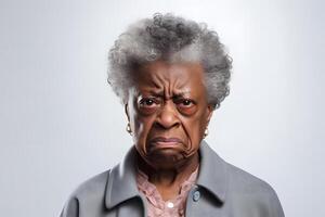 AI generated Angry and disgusted senior African American woman, head and shoulders portrait on white background. Neural network generated photorealistic image photo