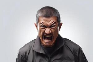 AI generated Angry mature Asian man screaming in rage, head and shoulders portrait on white background. Neural network generated image photo