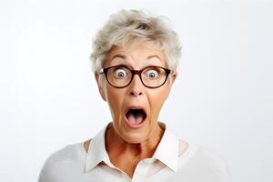 AI generated Surprised gray-haired Caucasian woman on white background. Neural network generated photorealistic image. photo