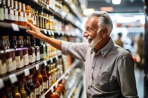 AI generated senior Caucasian man choosing a product in a grocery store. Neural network generated photorealistic image photo