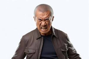 AI generated Angry mature Asian man screaming in rage, head and shoulders portrait on white background. Neural network generated image photo