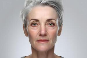 AI generated senior Caucasian woman portrait on white background. Neural network generated photorealistic image photo