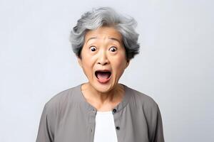 AI generated Surprised Asian woman on white background. Neural network generated photorealistic image. photo