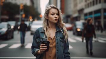 AI generated young beautiful blonde femine woman at daytime city street holding cardboard cup of coffee, neural network generated picture photo