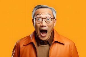 AI generated Surprised Asian man on yellow background. Neural network generated photorealistic image. photo