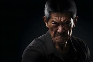 AI generated Angry mature Asian man, head and shoulders portrait on black background. Neural network generated image photo