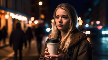 AI generated young beautiful blonde femine woman at night city street holding cardboard cup of coffee, neural network generated picture photo