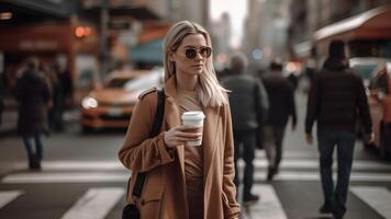 ai generado joven hermosa rubia femenino mujer en Gafas de sol a tiempo de día ciudad calle participación cartulina taza de café, neural red generado imagen foto