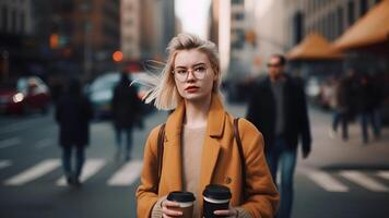 ai generado joven hermosa rubia femenino mujer a tiempo de día ciudad calle participación dos cartulina tazas de café, neural red generado imagen foto