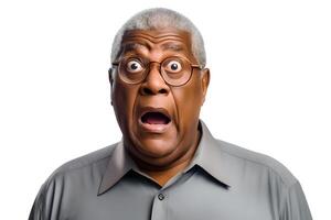 AI generated surprised senior African American man with glasses, head and shoulders portrait on white background. Neural network generated image photo