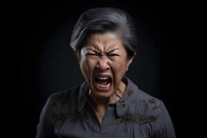 AI generated Angry senior Asian woman yelling, head and shoulders portrait on black background. Neural network generated photorealistic image. photo