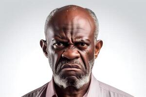AI generated Angry mature African American man, head and shoulders portrait on white background. Neural network generated image photo