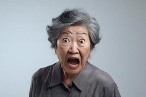 AI generated Mad senior Asian woman yelling on grey background. Neural network generated photorealistic image. photo