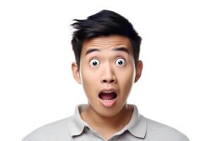 AI generated Surprised Asian young adult man on white background. Neural network generated photorealistic image. photo