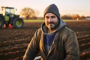 AI generated Farmer in the middle of his plowing field in spring, in the early morning. Neural network generated photorealistic image photo