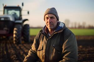 AI generated Farmer in the middle of his plowing field in spring, in the early morning. Neural network generated photorealistic image photo