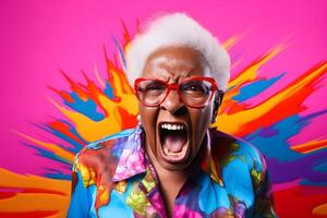 AI generated Angry senior African American woman yelling, head and shoulders portrait on colorful background. Neural network generated photorealistic image. photo