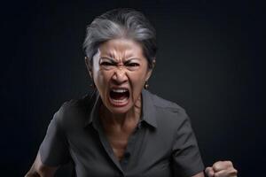 AI generated Angry senior Asian woman yelling, head and shoulders portrait on black background. Neural network generated photorealistic image. photo