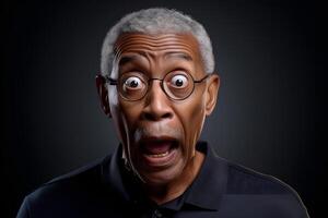 AI generated Surprised African American man with glasses on black background. Neural network generated photorealistic image. photo