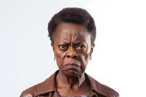 AI generated Angry and disgusted senior African American woman, head and shoulders portrait on white background. Neural network generated photorealistic image photo