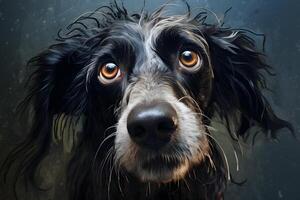 AI generated stinky wet dog portrait, neural network generated photorealistic image photo