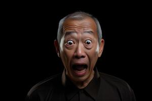 AI generated Surprised gray-haired Asian man on black background. Neural network generated photorealistic image. photo