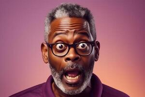 AI generated Surprised African American man with glasses on pink background. Neural network generated photorealistic image. photo