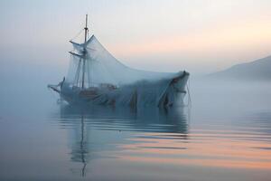 AI generated spectral ghost ship at foggy morning or evening. Neural network generated image photo