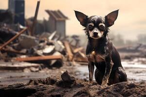 AI generated alone and hungry chihuahua after disaster on the background of house rubble, neural network generated image photo