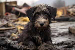 AI generated alone and hungry domestic puppy after disaster on the background of house rubble, neural network generated image photo