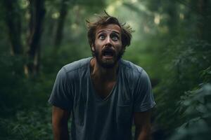 ai generado asustado caucásico joven adulto hombre perdido en bosque a verano, neural red generado fotorrealista imagen foto