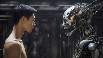 AI generated asian young adult man versus robot looking at each other, face to face, side view, neural network generated image photo