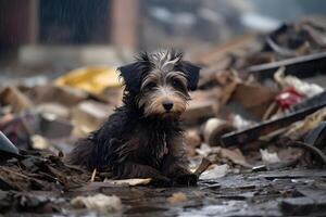 AI generated alone and hungry domestic puppy after disaster on the background of house rubble, neural network generated image photo