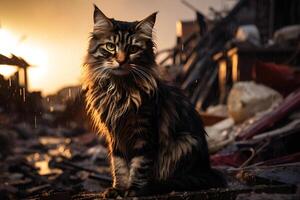 ai generado solo y hambriento Doméstico gato después desastre en el antecedentes de casa escombros, neural red generado imagen foto