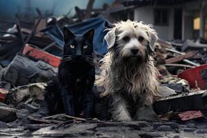 AI generated alone and hungry pets after disaster on the background of house rubble, neural network generated image photo