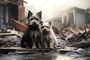 AI generated alone and hungry dogs after disaster on the background of house rubble, neural network generated image photo