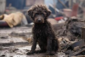 AI generated alone wet and dirty Poodle after disaster on the background of house rubble, neural network generated image photo